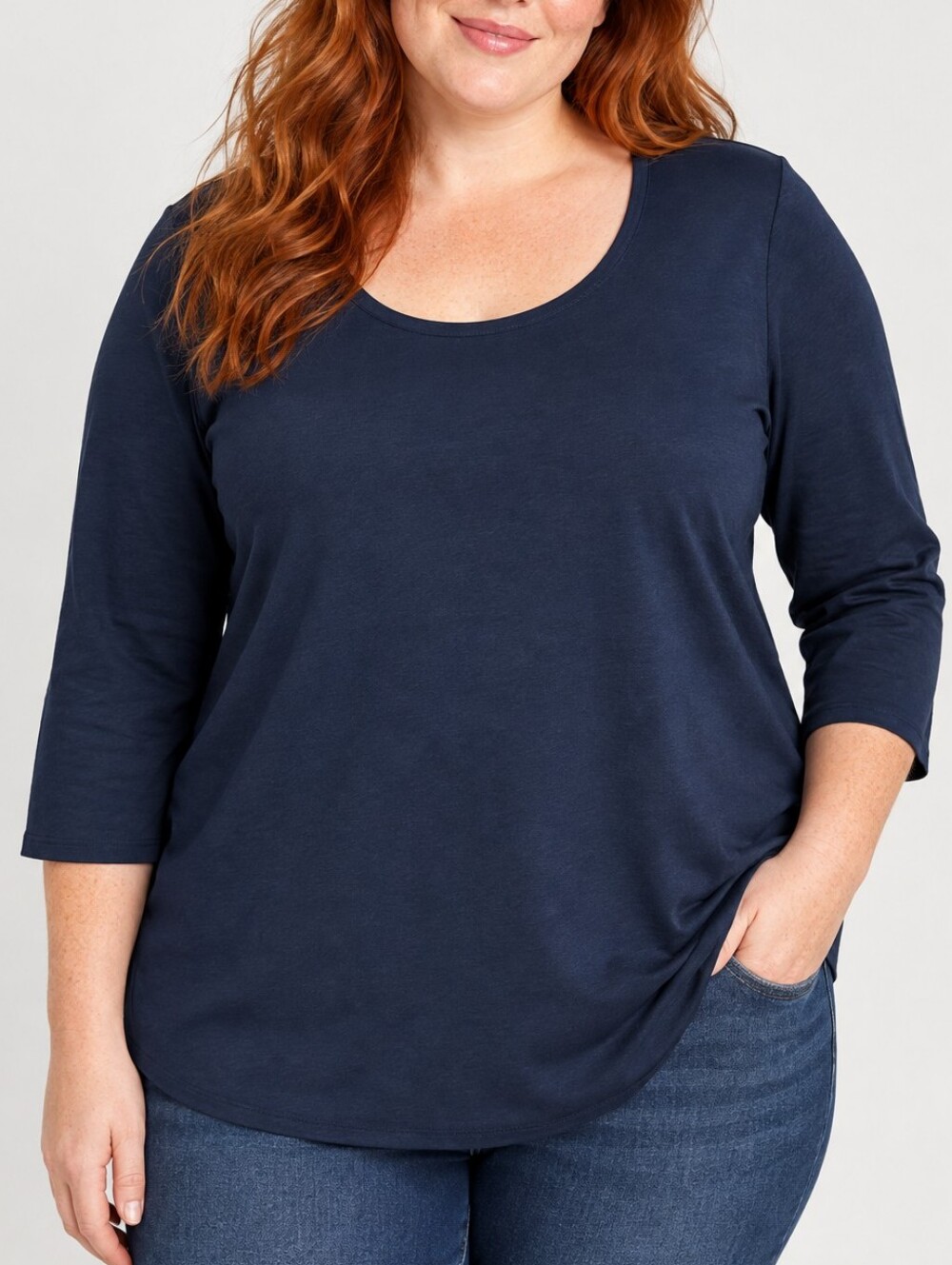Lands End Navy Blue Shirt Size 2X 20W-22W Womens Top 3/4 Sleeve Top Scoop Neck